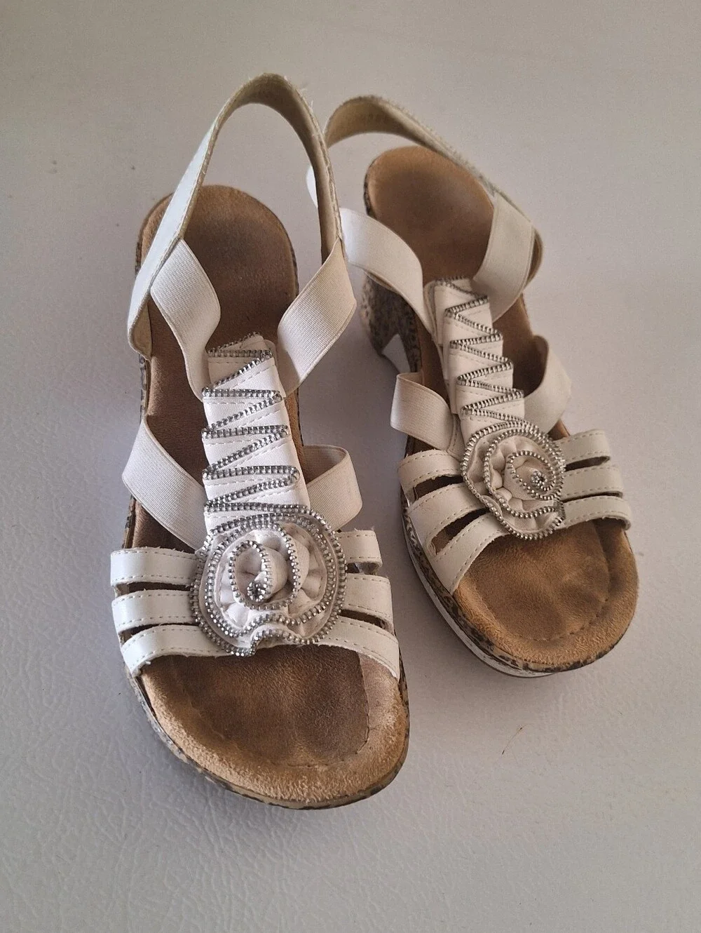 Women's Cream Slingback Wedge Sandals with Floral Accent